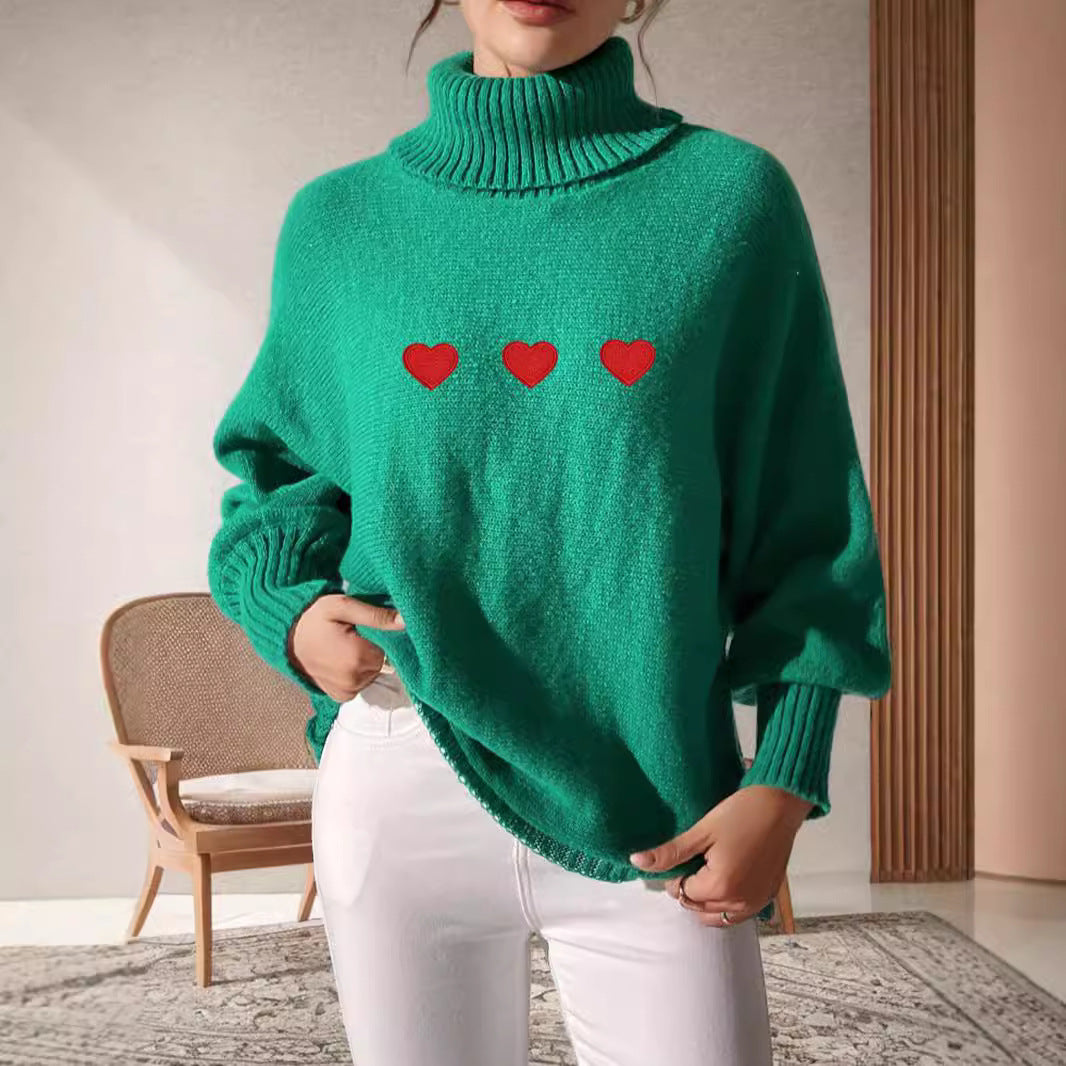 Damen Pullover mit hohem Kragen und verspielten Herzapplikationen Drune
