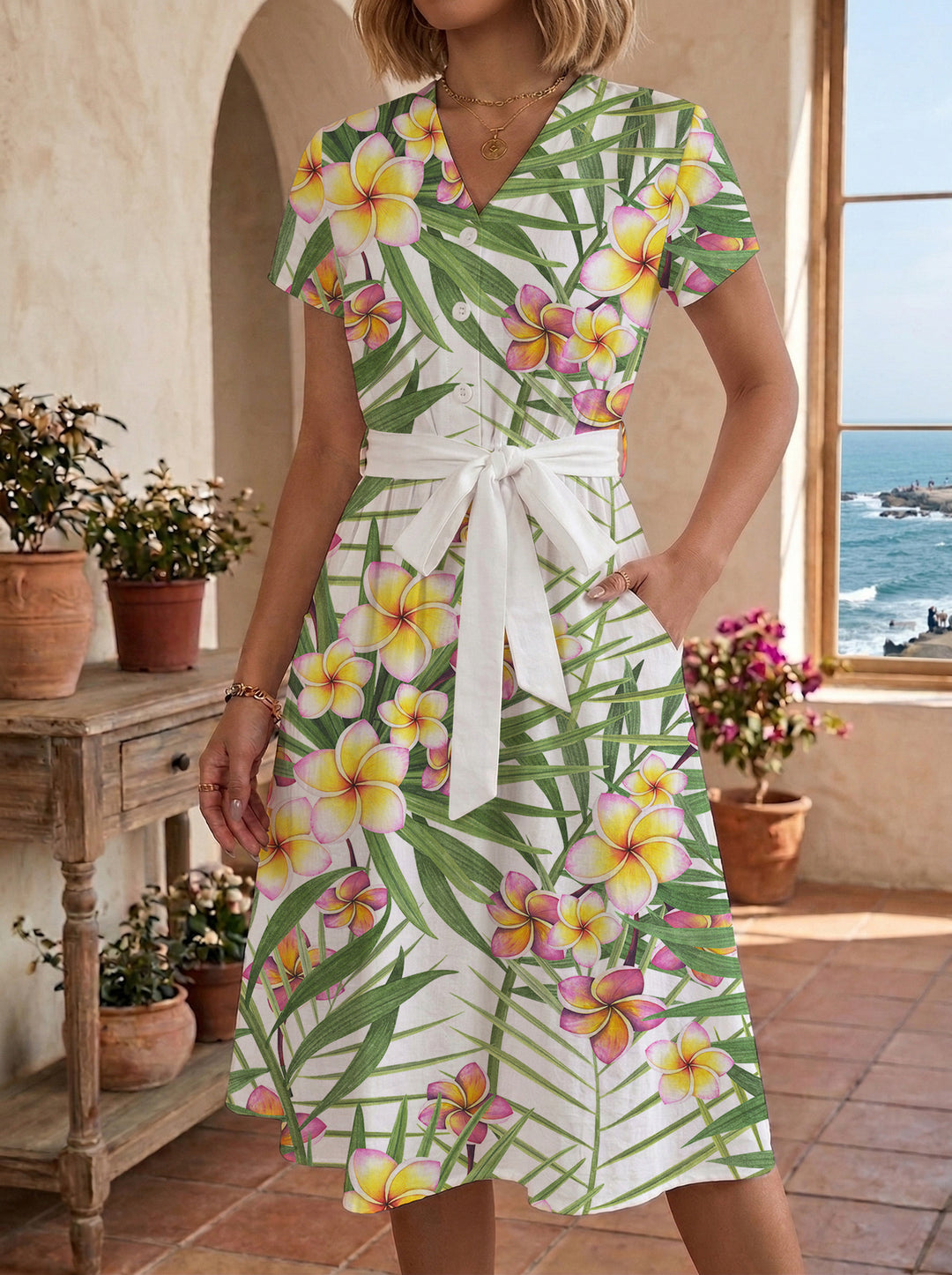 Damen Midi Kleid mit floralen Akzenten und tailliertem Schnitt Drune