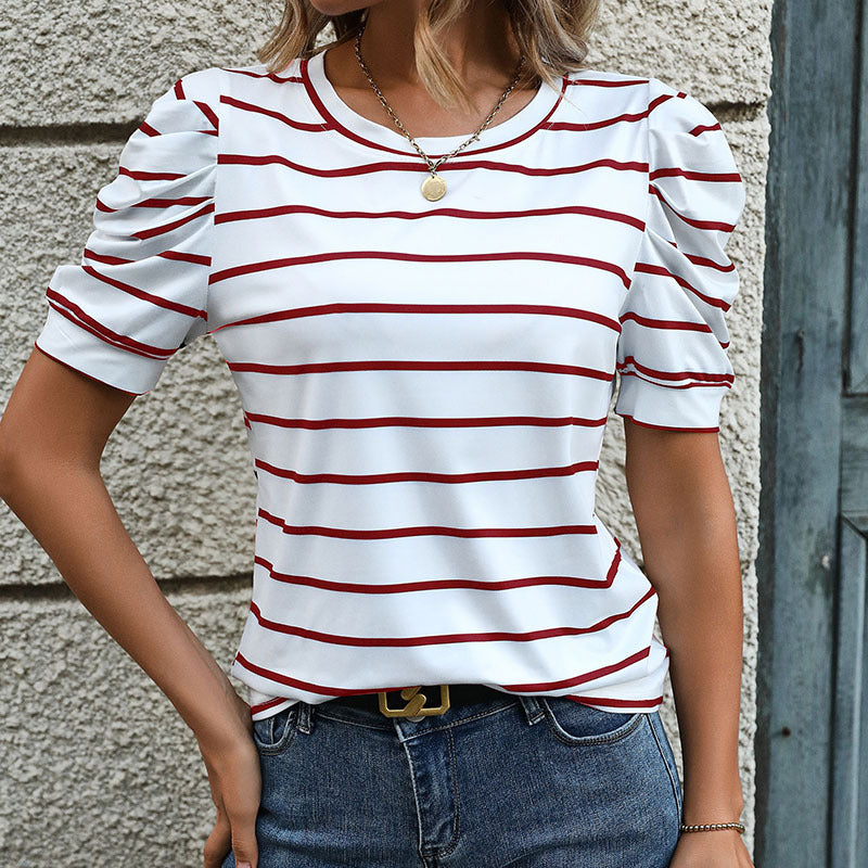 Damen T-Shirt mit dekorativen Puffärmeln und modernem Streifenmuster Drune