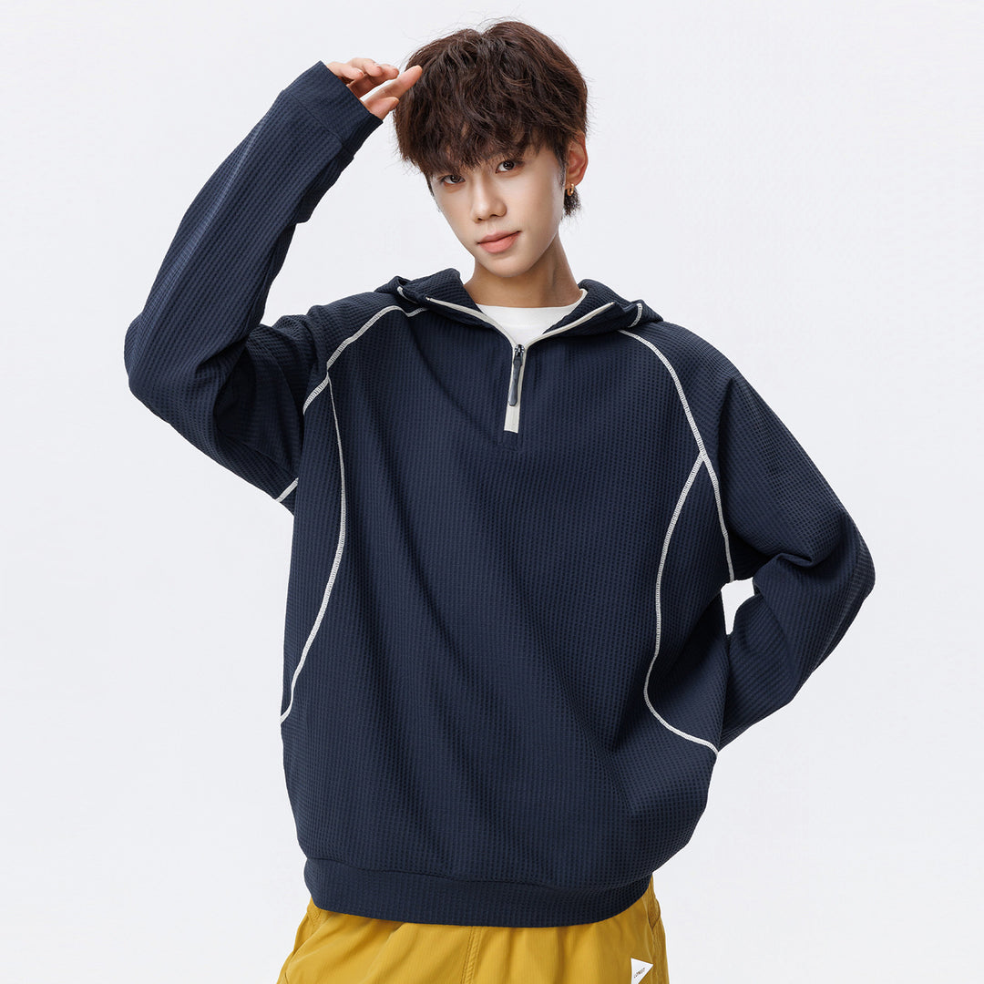 Unisex Oversize Waffelstruktur-Halbzip-Hoodie mit Raglanärmeln und Kontrastpaspeln Drune