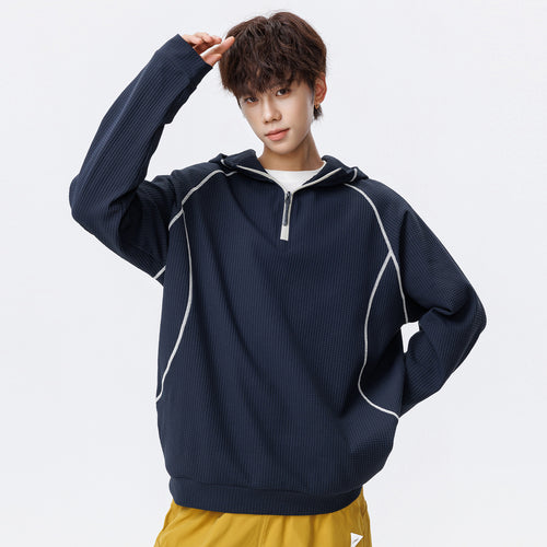 Unisex Oversize Waffelstruktur-Halbzip-Hoodie mit Raglanärmeln und Kontrastpaspeln Drune