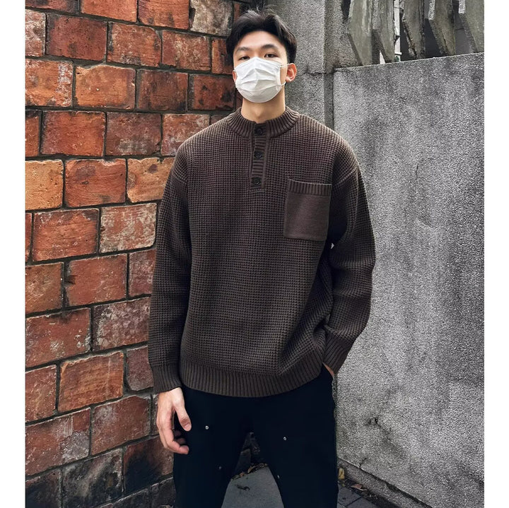 Herren Modischer Strickpullover mit Knopfleiste und Brusttasche Drune