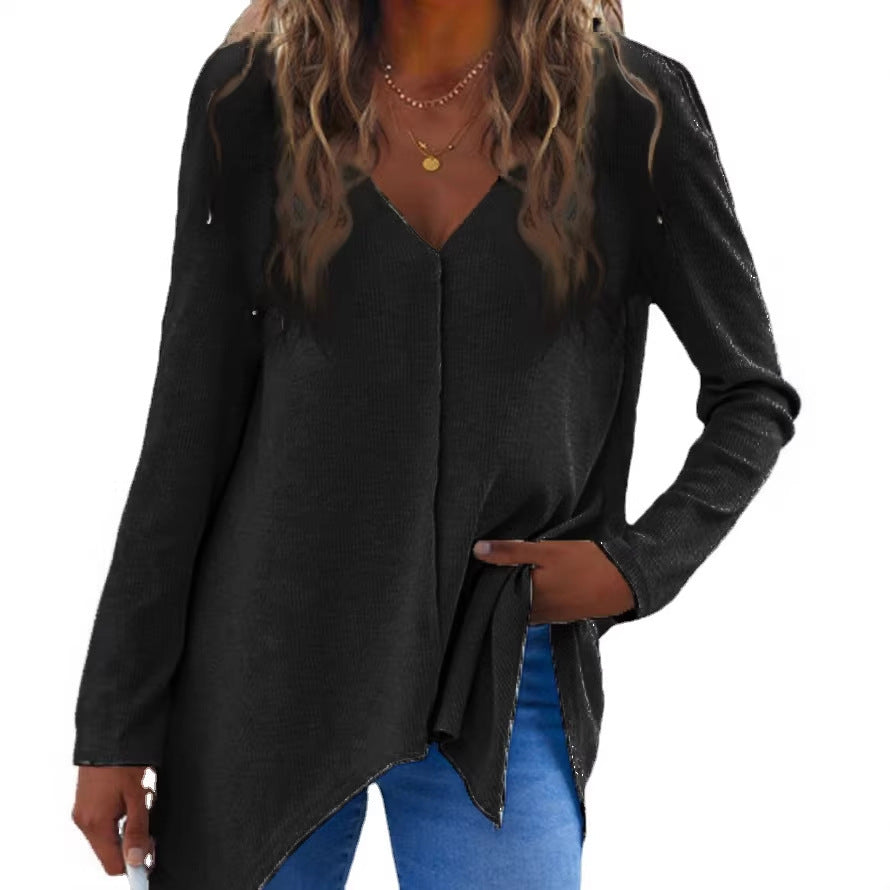 Damen V-Ausschnitt Feinstrick-Tunika mit asymmetrischem Saum und seitlichem Schlitz Drune