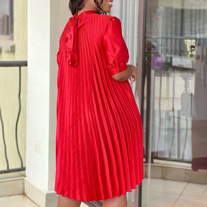 Damen Plissee Kleid mit Bindeband und halbarmigen Ärmeln Drune