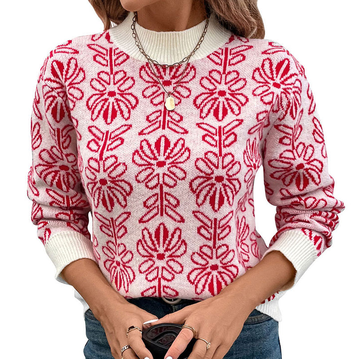 Damen GDrunelümter Jacquard-Strickpullover mit Rundhalsausschnitt und gerippten Bündchen Drune
