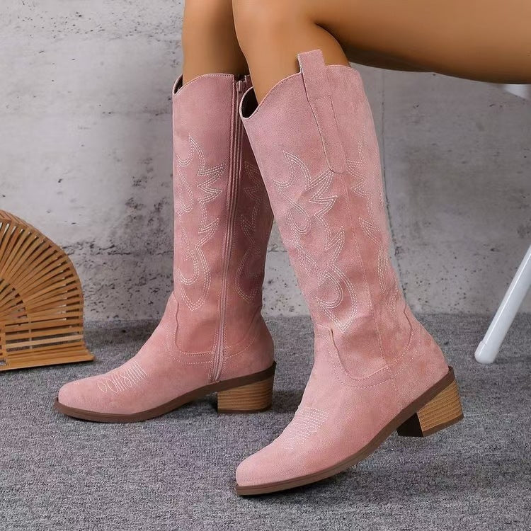 Damen nan Kniestiefel im Westernstil mit mittelhohem Blockabsatz seitlichem Reißverschluss und gesticktem Wildlederfinish Drune
