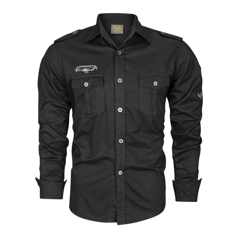 Herren nan tailliertes Fieldhemd aus Baumwoll-Twill mit Schulterklappen, Brustpatten und gestickten Abzeichen Drune