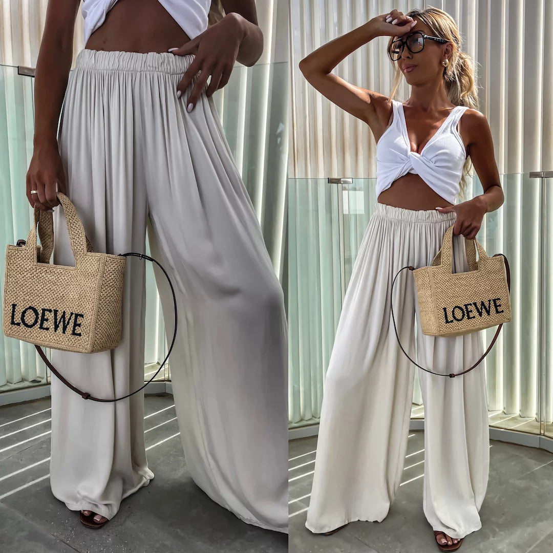 Damen weit geschnittene Palazzo-Hose mit hohem elastischem Bund und fließendem Jersey Drune