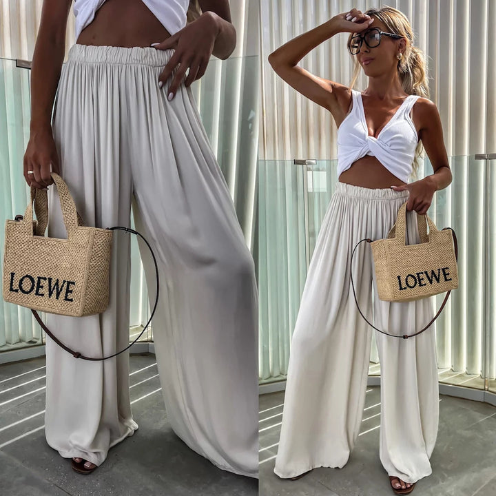 Damen weit geschnittene Palazzo-Hose mit hohem elastischem Bund und fließendem Jersey Drune