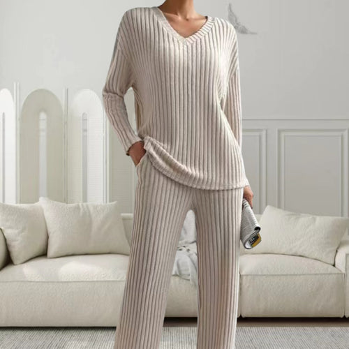 Damen Strickanzug mit modischem V-Ausschnitt und feinem Rippdesign Drune