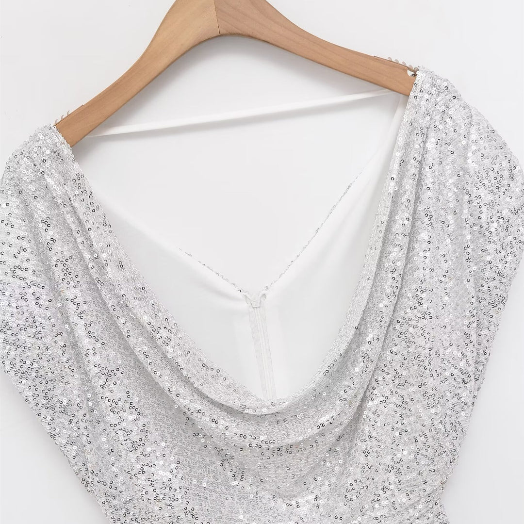 Damen kurzärmeliges Abendkleid mit schimmerndem Paillettenbesatz Drune