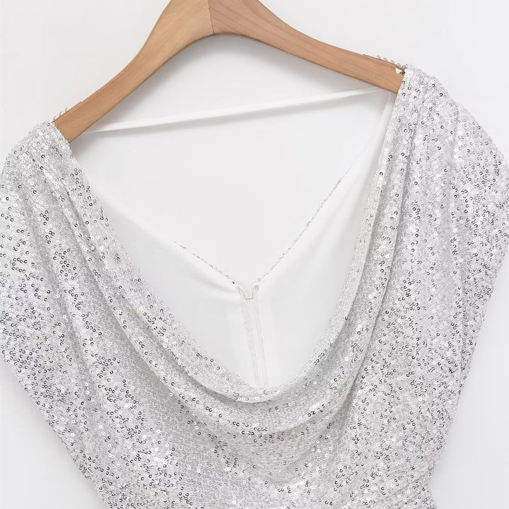 Damen kurzärmeliges Abendkleid mit schimmerndem Paillettenbesatz Drune