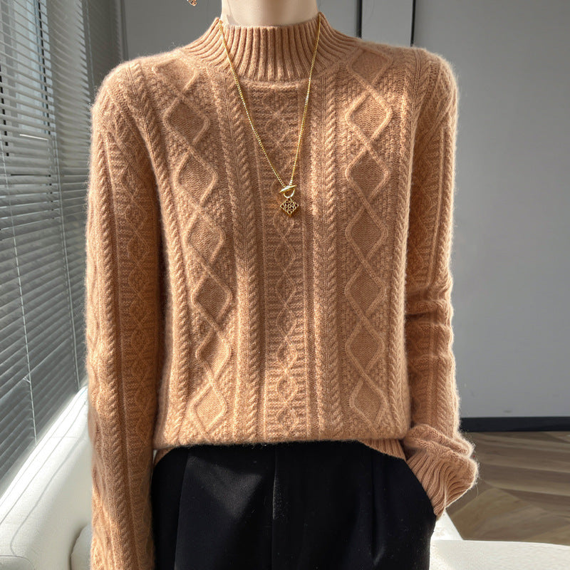 Damen Kuscheliger Mohair‑Optik Mockneckpullover mit Rautenzopfstruktur und kastiger Silhouette Drune