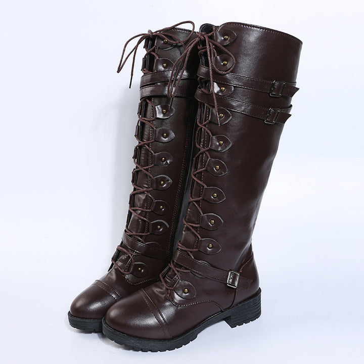 Damen  kniehohe Schnürstiefel mit seitlichem Reißverschluss, verstellbaren Zierriemen und profilierter Gummisohle Drune
