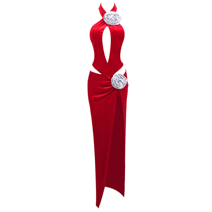 Damen modernes Abendkleid mit unverwechselbarem Cut-Out-Design und dekorativem Blumendetail Drune