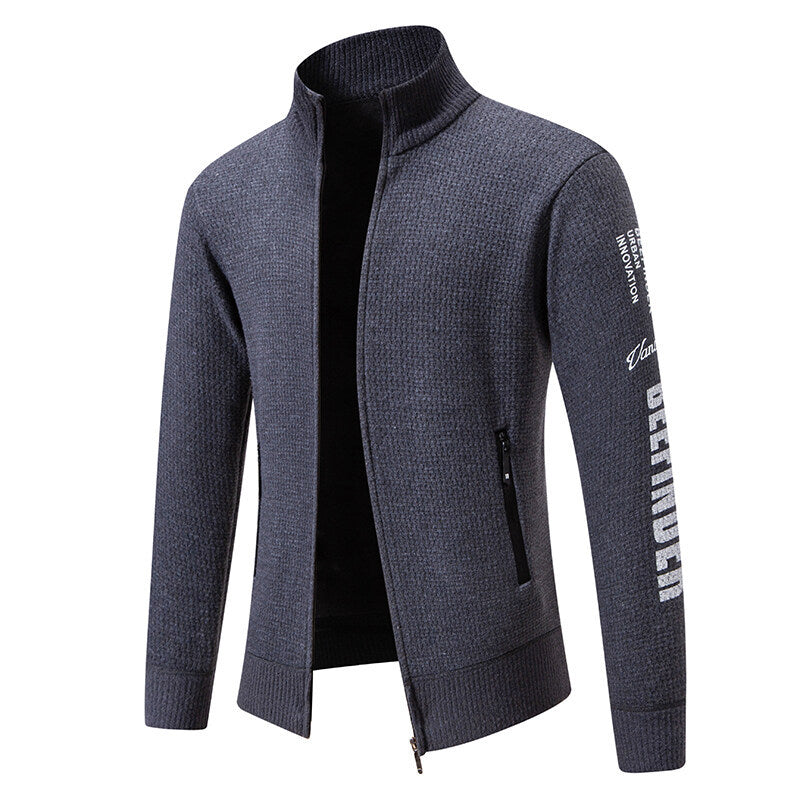 Herren Strukturierte Strickzipjacke mit Waffelstruktur, Stehkragen und Reißverschlusstaschen Drune