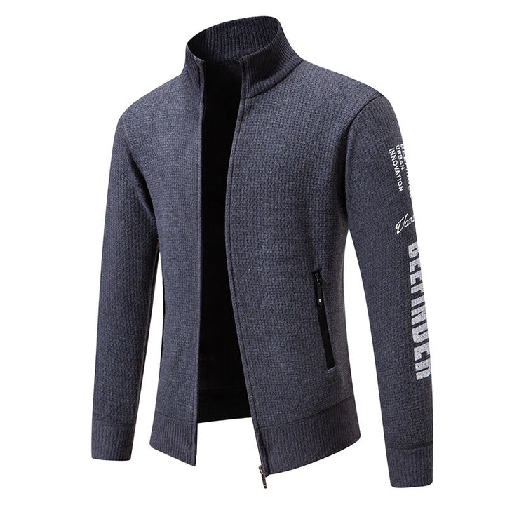 Herren Strukturierte Strickzipjacke mit Waffelstruktur, Stehkragen und Reißverschlusstaschen Drune