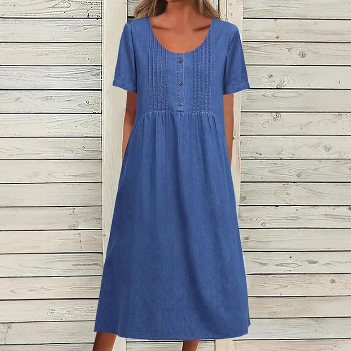 Damen nan locker sitzendes Midikleid im Denim-Look mit Rundhalsausschnitt, Brustbiesen und seitlichen Eingrifftaschen Drune