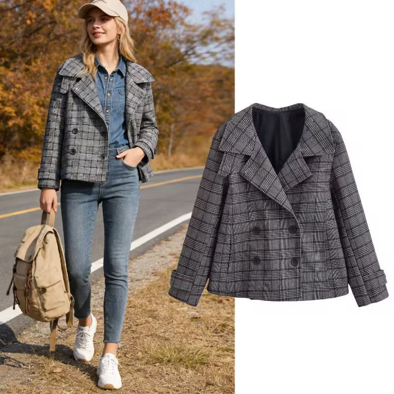 Damen Cropped Doppelreiher-Blazer im Glencheck mit oversized Revers und Umschlagärmeln Drune