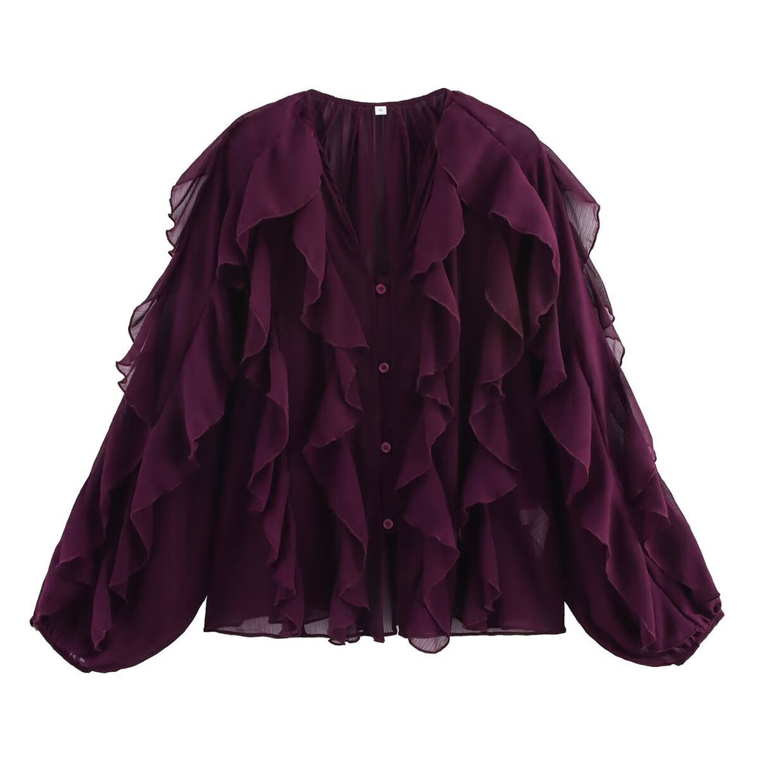 Damen nan transparente Chiffonbluse mit mehrlagigen Volants, weiten Ballonärmeln und durchgehender Knopfleiste Drune