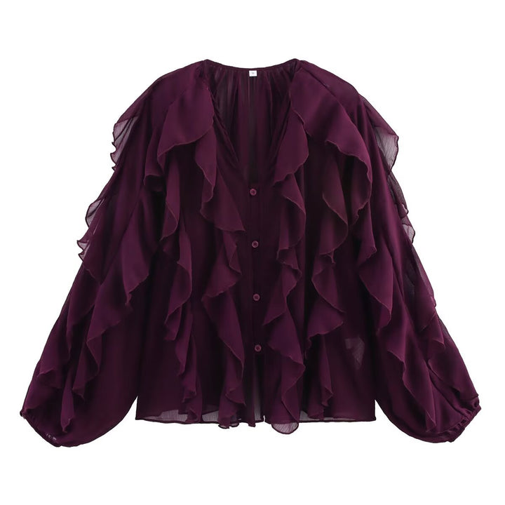 Damen nan transparente Chiffonbluse mit mehrlagigen Volants, weiten Ballonärmeln und durchgehender Knopfleiste Drune