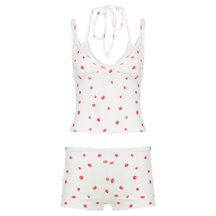 Damen Loungewear-Set mit Spitzendetails und fruchtigem Print Drune