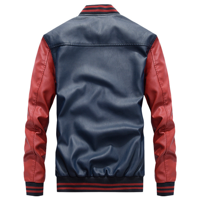 Herren Varsity-Bomberjacke im College‑Stil aus Kunstleder mit kontrastierenden Ärmeln und Stickpatches Drune