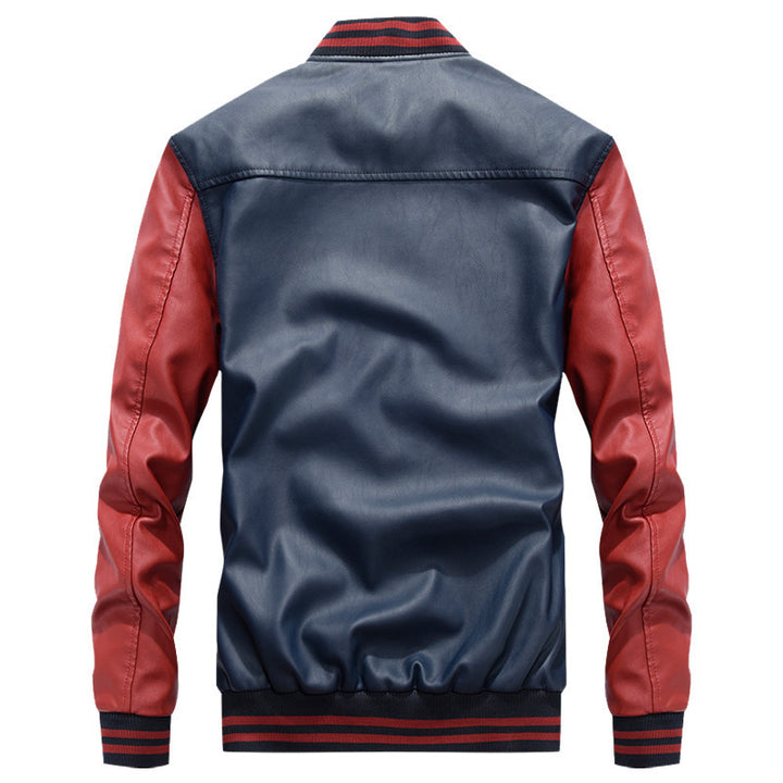 Herren Varsity-Bomberjacke im College‑Stil aus Kunstleder mit kontrastierenden Ärmeln und Stickpatches Drune