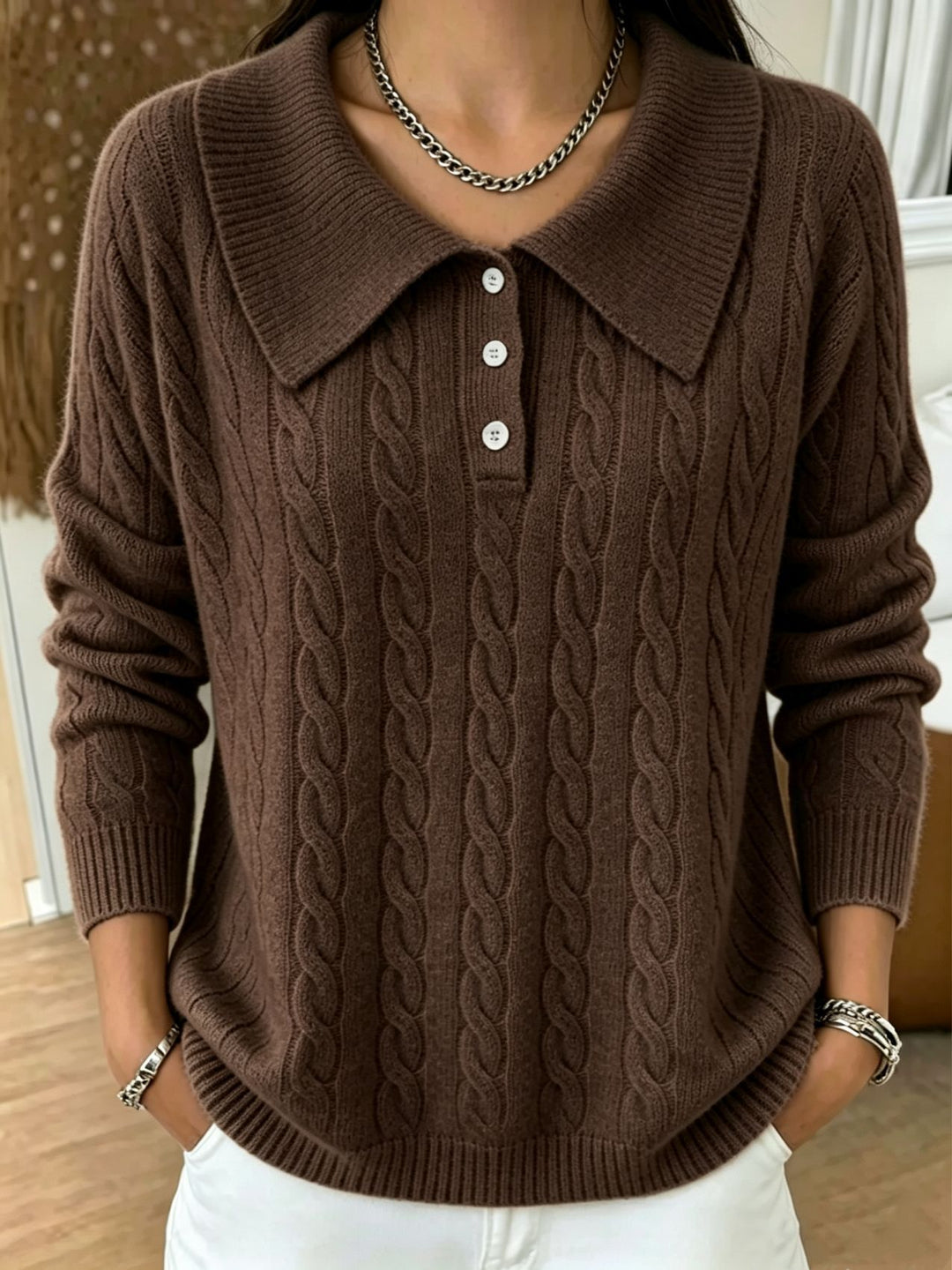 Damen Kabelstrick-Polo-Pullover mit großem Umlegekragen und lockerer Silhouette Drune