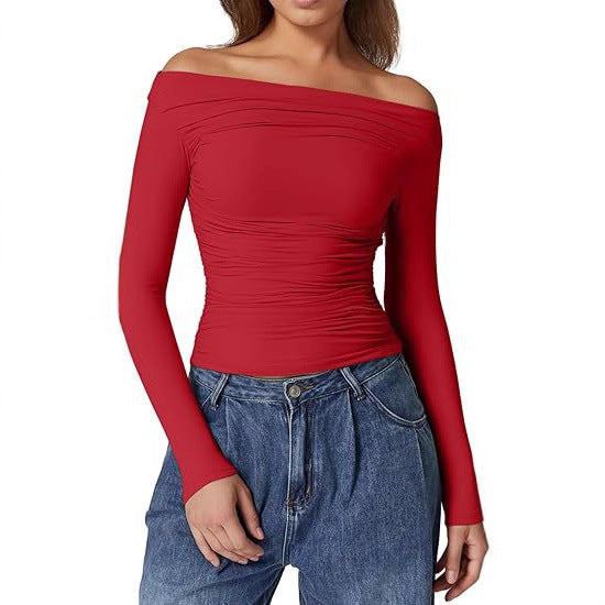 Damen Schulterfreies tailliertes Stretch-Longsleeve mit Raffung und figurbetonter Silhouette Drune