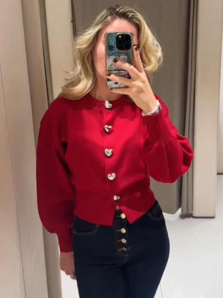 Damen Pullover mit Herzknöpfen und Puffärmeln Drune