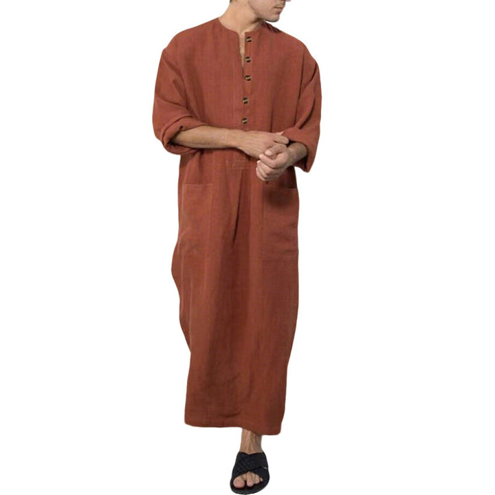 Herren nan weites langes Tunika-Kaftan aus atmungsaktivem Leinen mit Stehkragen Knopfblende und aufgesetzten Taschen Drune