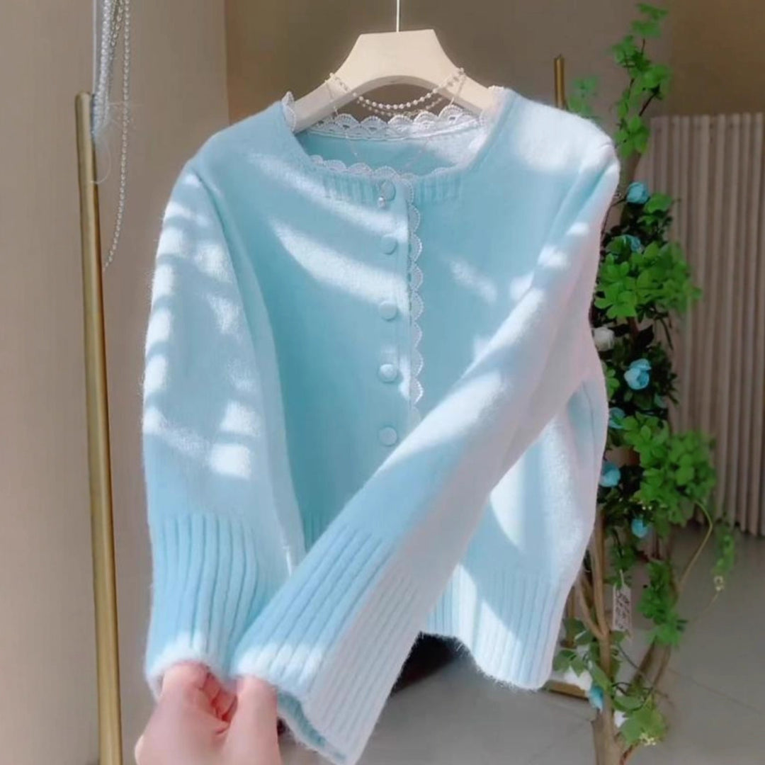 Damen Verspielte Strickjacke mit Spitzenelementen Drune