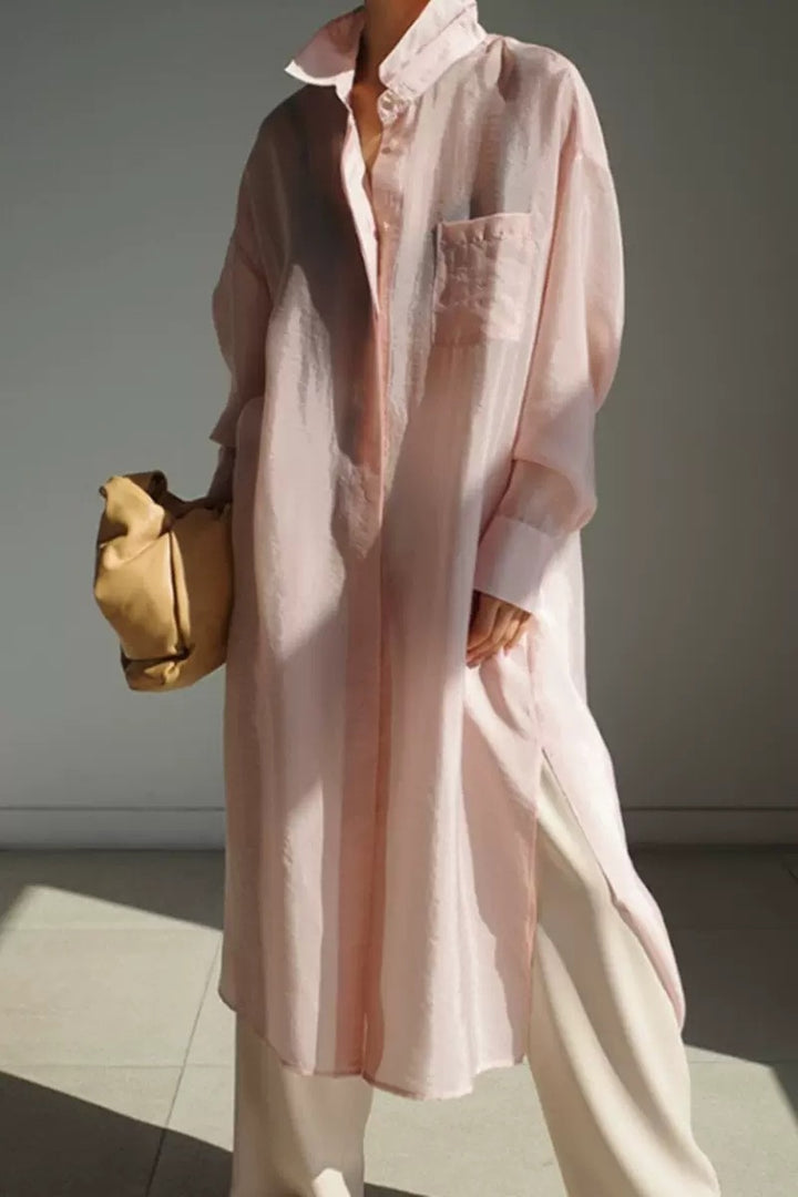 Damen Oversize Hemdblusen-Mantel mit Brusttasche, Seitenschlitz und fließender Leinenoptik Drune