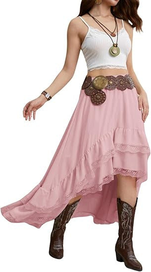 Damen Boho Maxi-Rock mit asymmetrischem Saum und Spitzenverzierungen Drune
