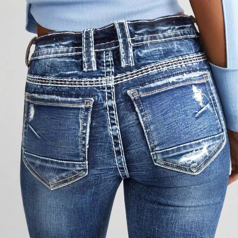 Damen Bootcut-Jeans mit sculptendem V-Bund, dekorativer Kontraststeppung und Vintage-Wash Drune