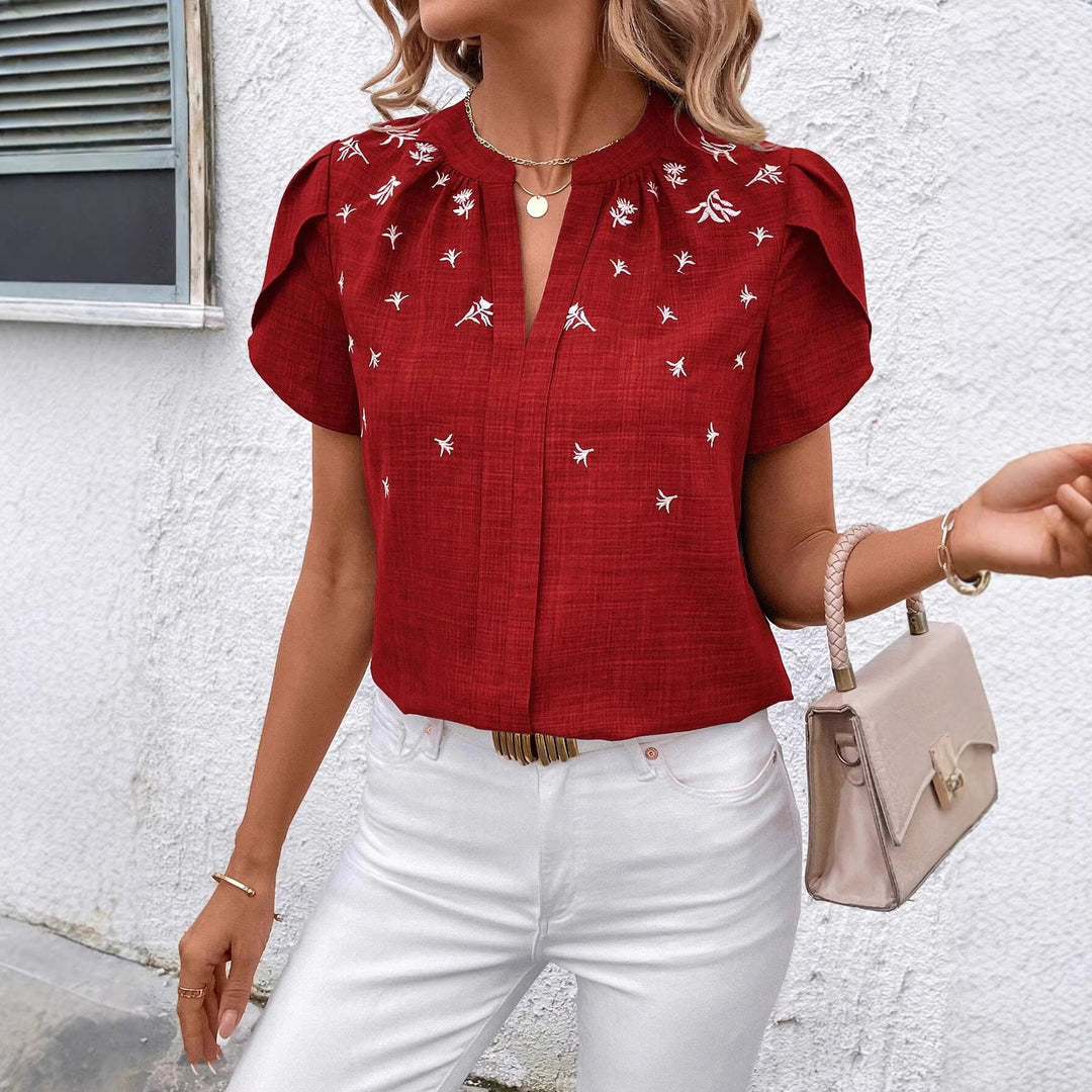 Damen Kurzbluse aus Leinenoptik mit Stehkragen, Zierfalte und floraler Stickerei Drune