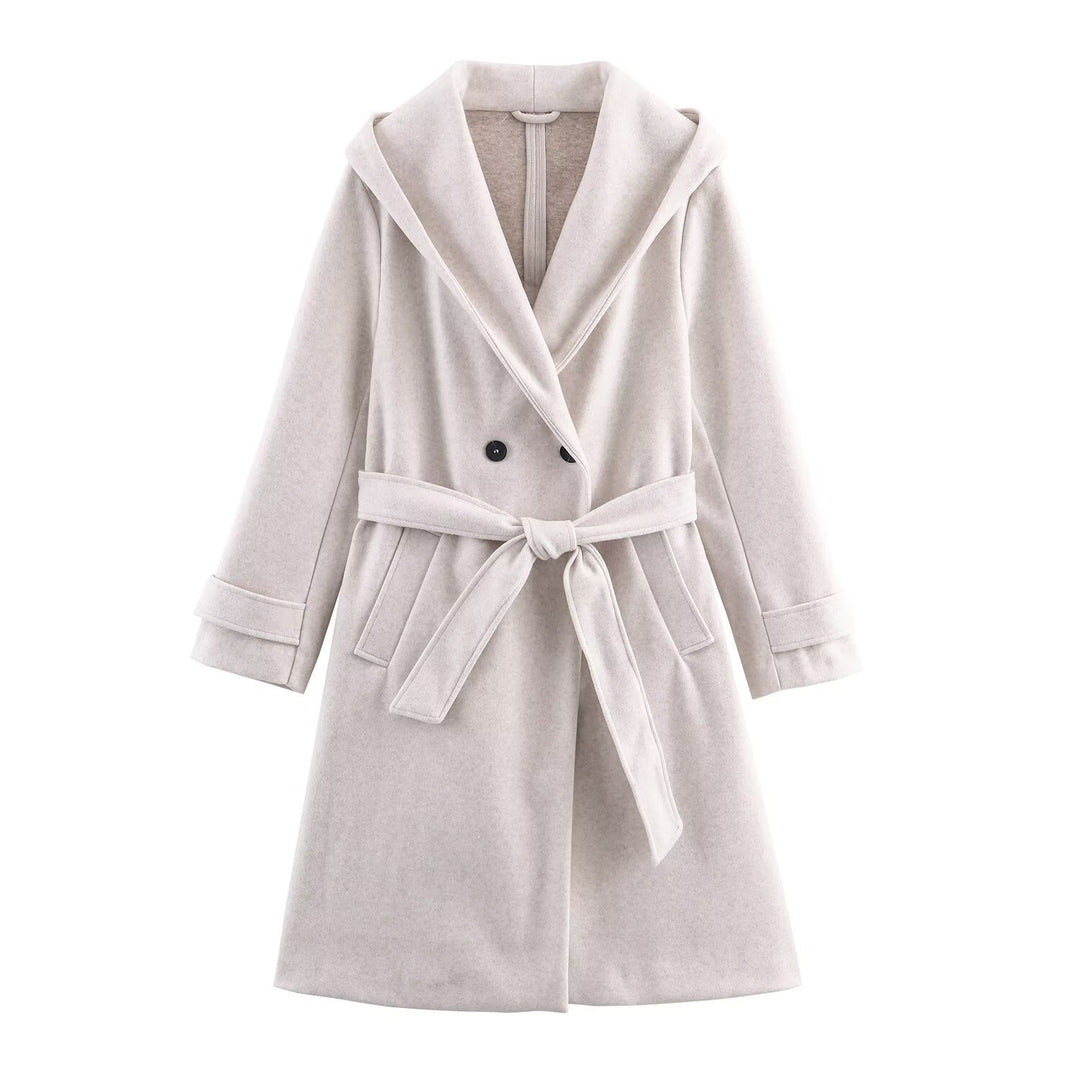 Drune | Damen Woll Winterjacke mit Kapuze und Gürtel im knielangen Stil