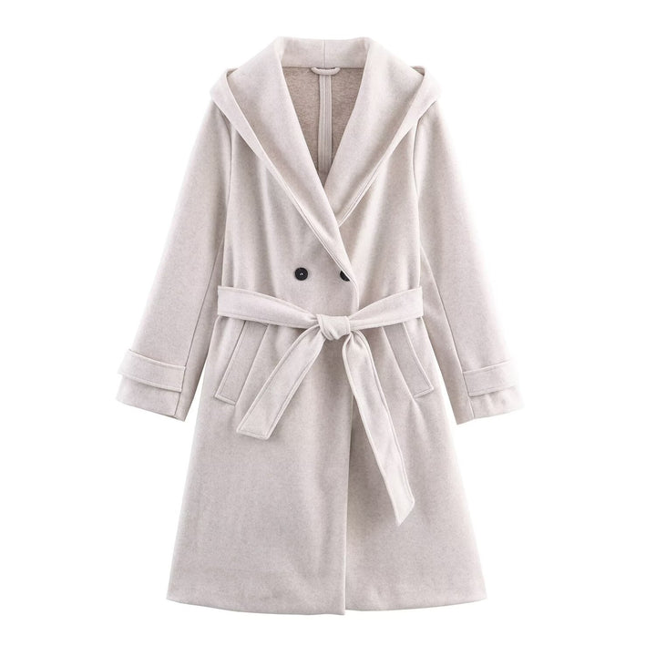 Drune | Damen Woll Winterjacke mit Kapuze und Gürtel im knielangen Stil