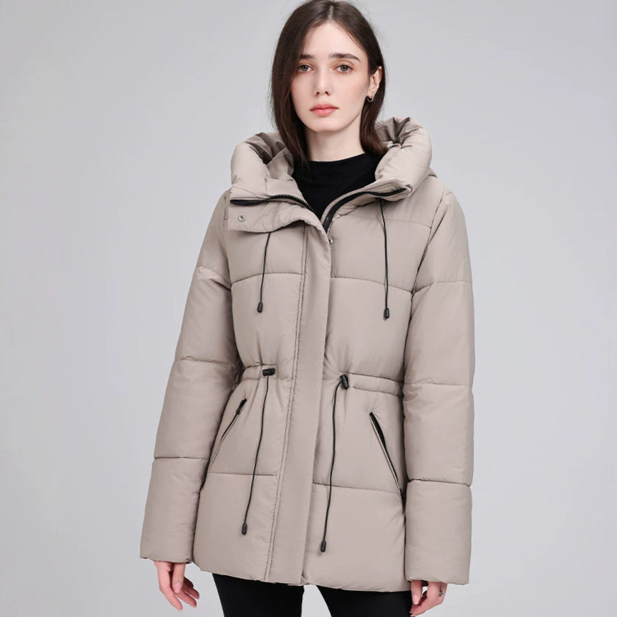 Damen Wattierter Mid‑Length Parka mit Kapuze, Taillenzug und Reißverschlusstaschen Drune