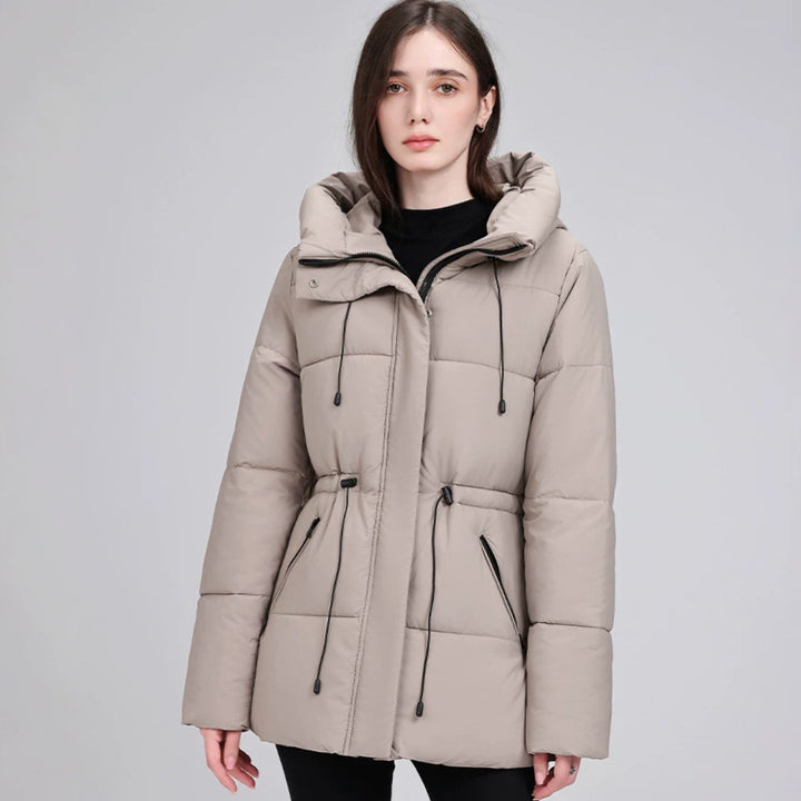 Damen Wattierter Mid‑Length Parka mit Kapuze, Taillenzug und Reißverschlusstaschen Drune