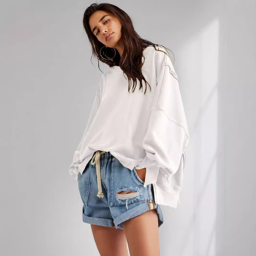 Damen Oversized Sweatshirt mit kreativem Saumdesign Drune