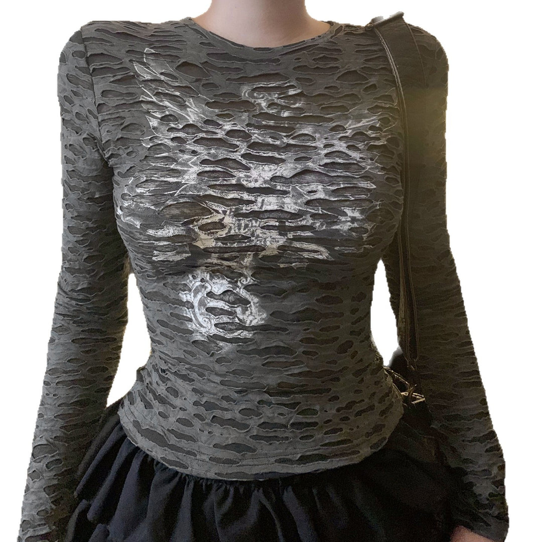 Damen Figurbetontes strukturiertes Langarmshirt mit metallischem Skelettprint Drune
