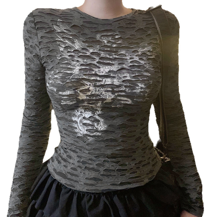 Damen Figurbetontes strukturiertes Langarmshirt mit metallischem Skelettprint Drune