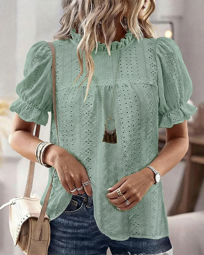 Damen Bluse mit Rüschendetails und Lochmuster Drune