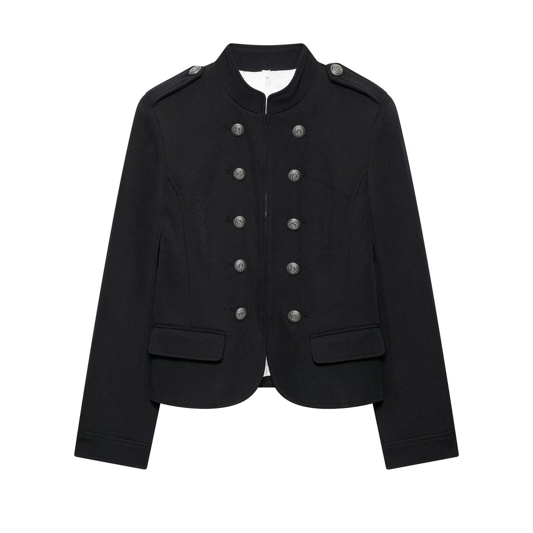 Damen Taillierte Military-Shortjacke mit Stehkragen und Doppelreihe Drune