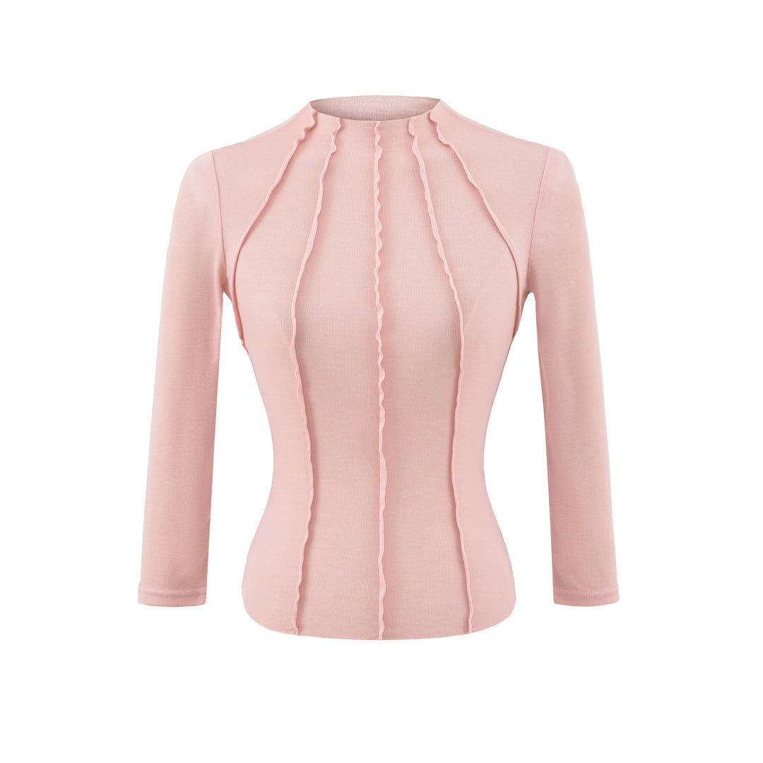 Damen Figurbetontes Langarmshirt mit Stehkragen und Zier-Volants Drune