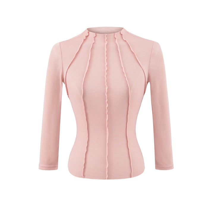 Damen Figurbetontes Langarmshirt mit Stehkragen und Zier-Volants Drune