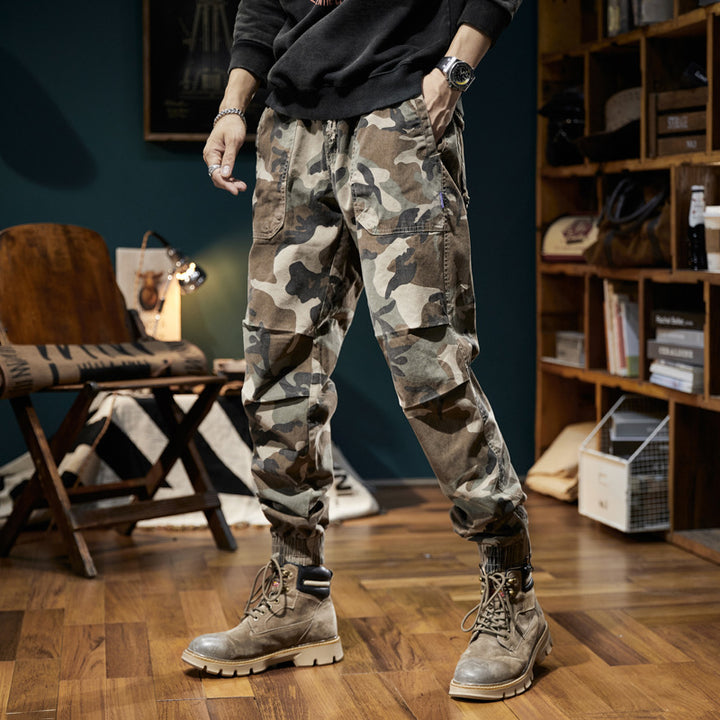 Herren Camouflage-Cargo-Jogginghose mit Tunnelzug, Knieabnähern und geripptem Knöchelabschluss Drune