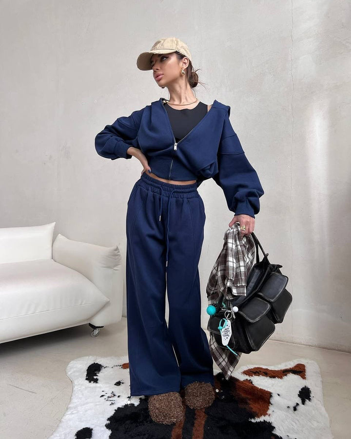 Damen kurzes Kapuzen-Sweatjacke mit Balloonärmeln und elastischer High-Waist Palazzo-Freizeithose Drune